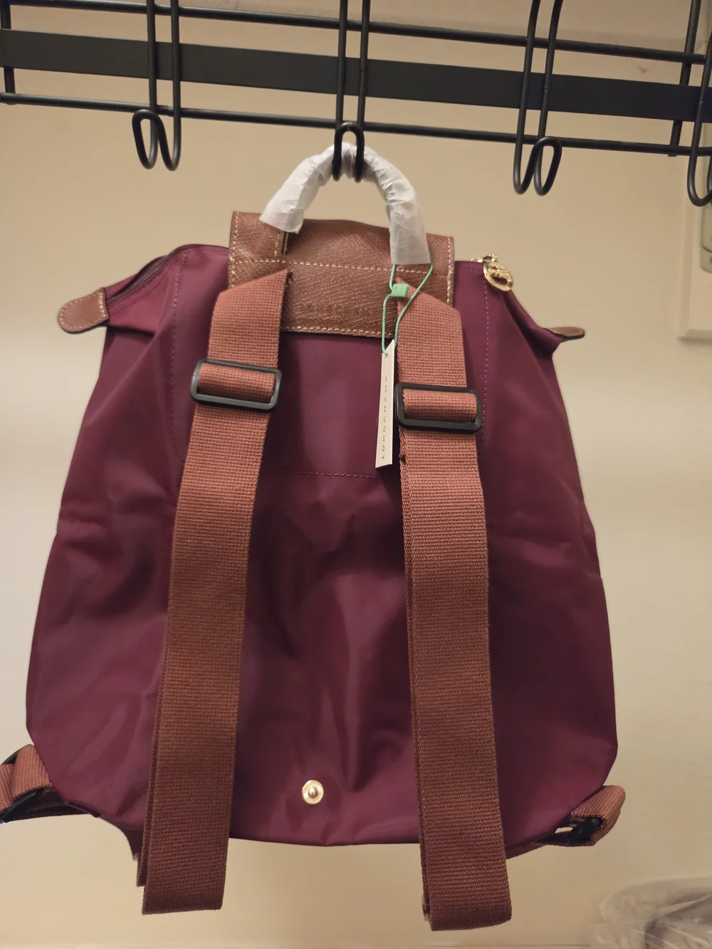 Longchamp Burgundy Nylon Backpack with Brown Leather Flap
